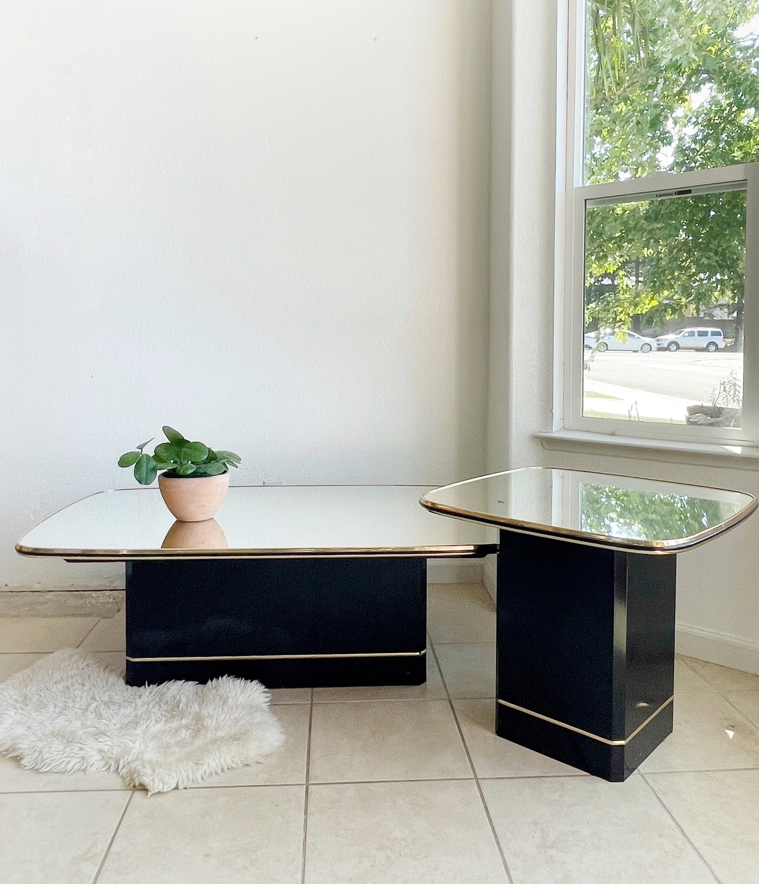 Glass end tables sale with gold trim