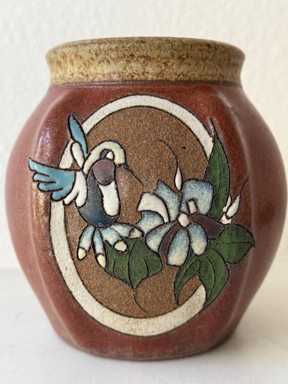 茶色　陶器　花瓶 　サイン付き ヴィンテージ サイン入り クレイベリー 陶器 ハミングバード