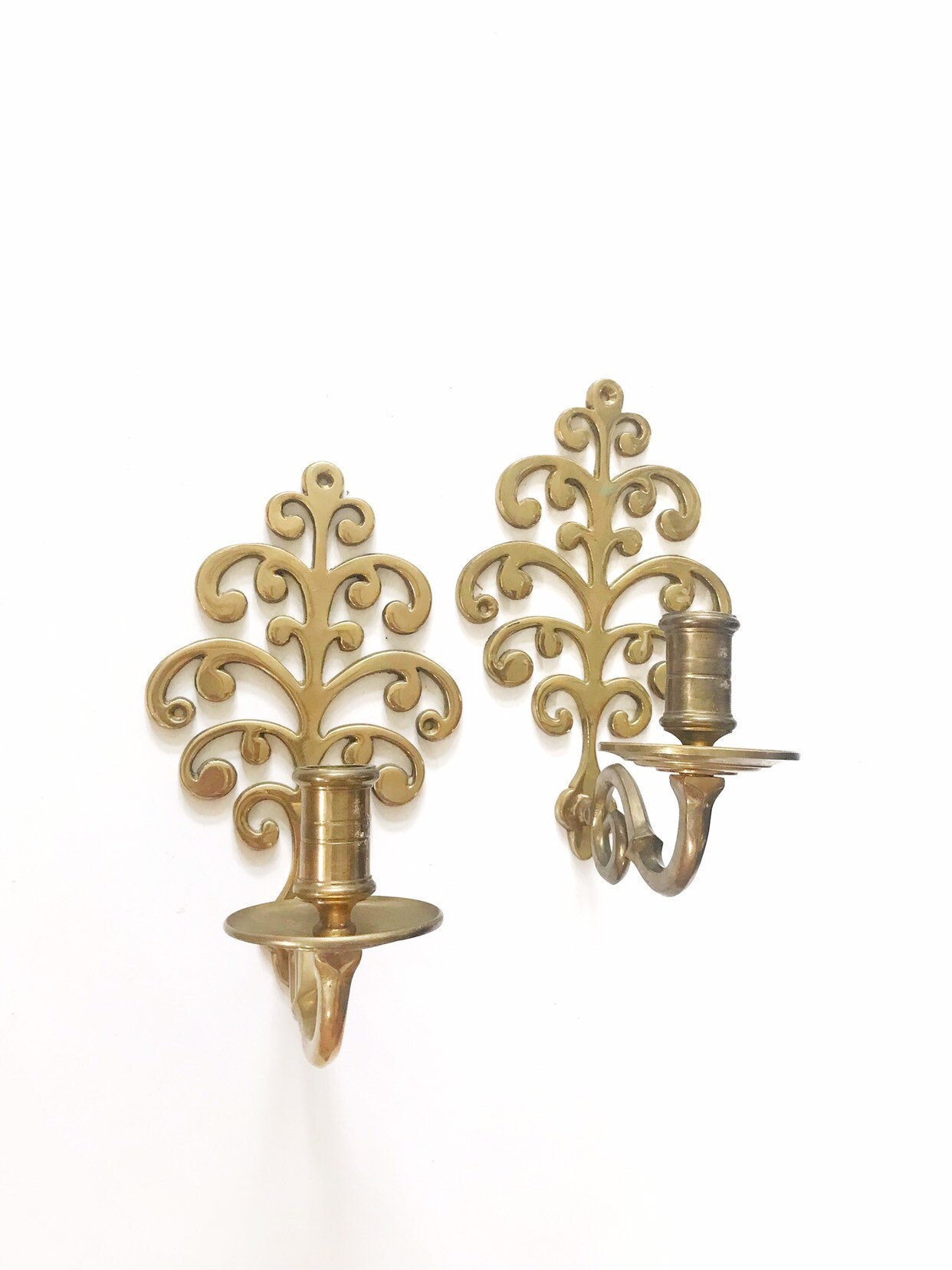 brass wall candle holders on Set Of Ornate Heavy Floral Brass Wall Hanging Candelabra Candlestick Holders