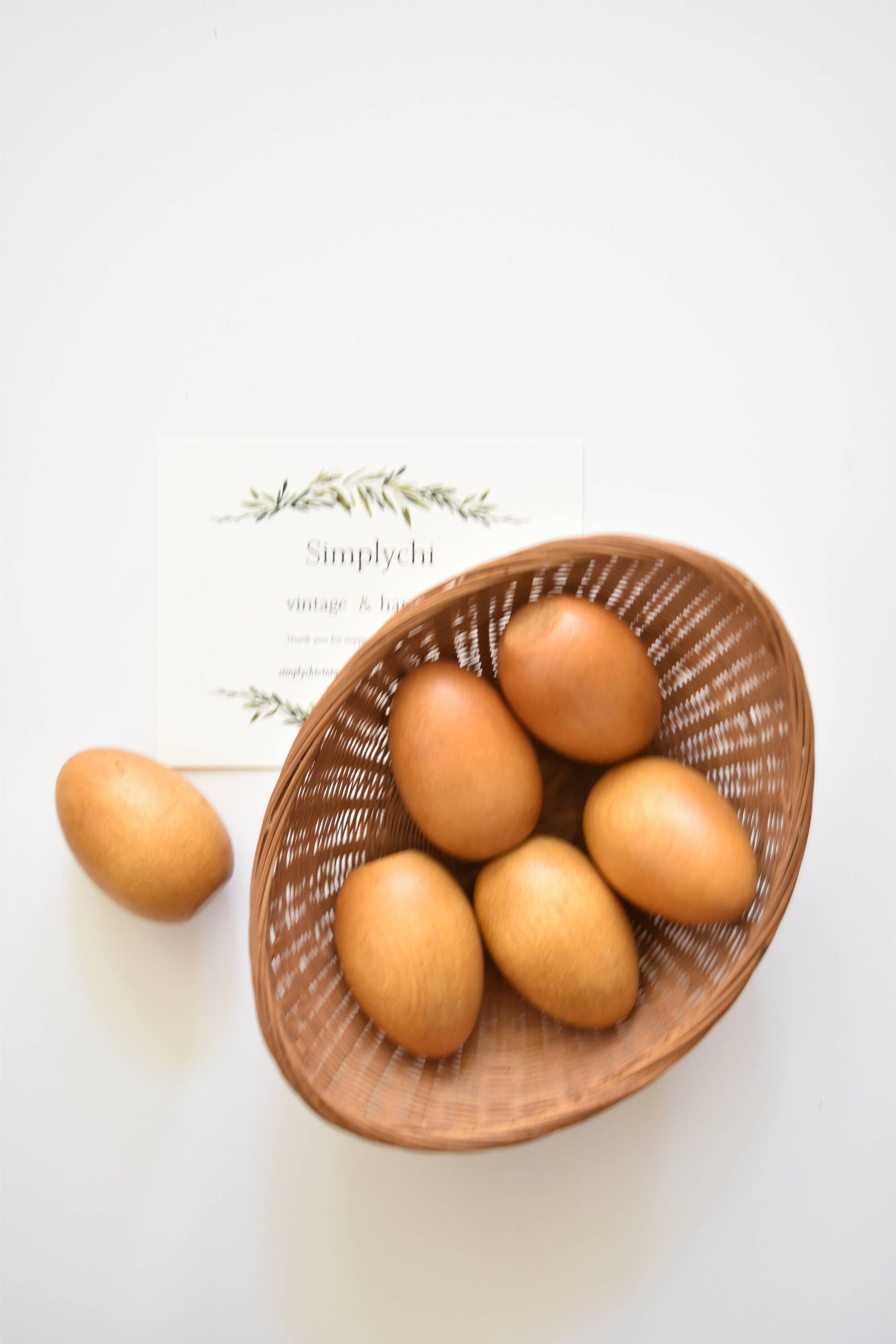 Vintage Basket Of Carved Wooden Easter Eggs Gift