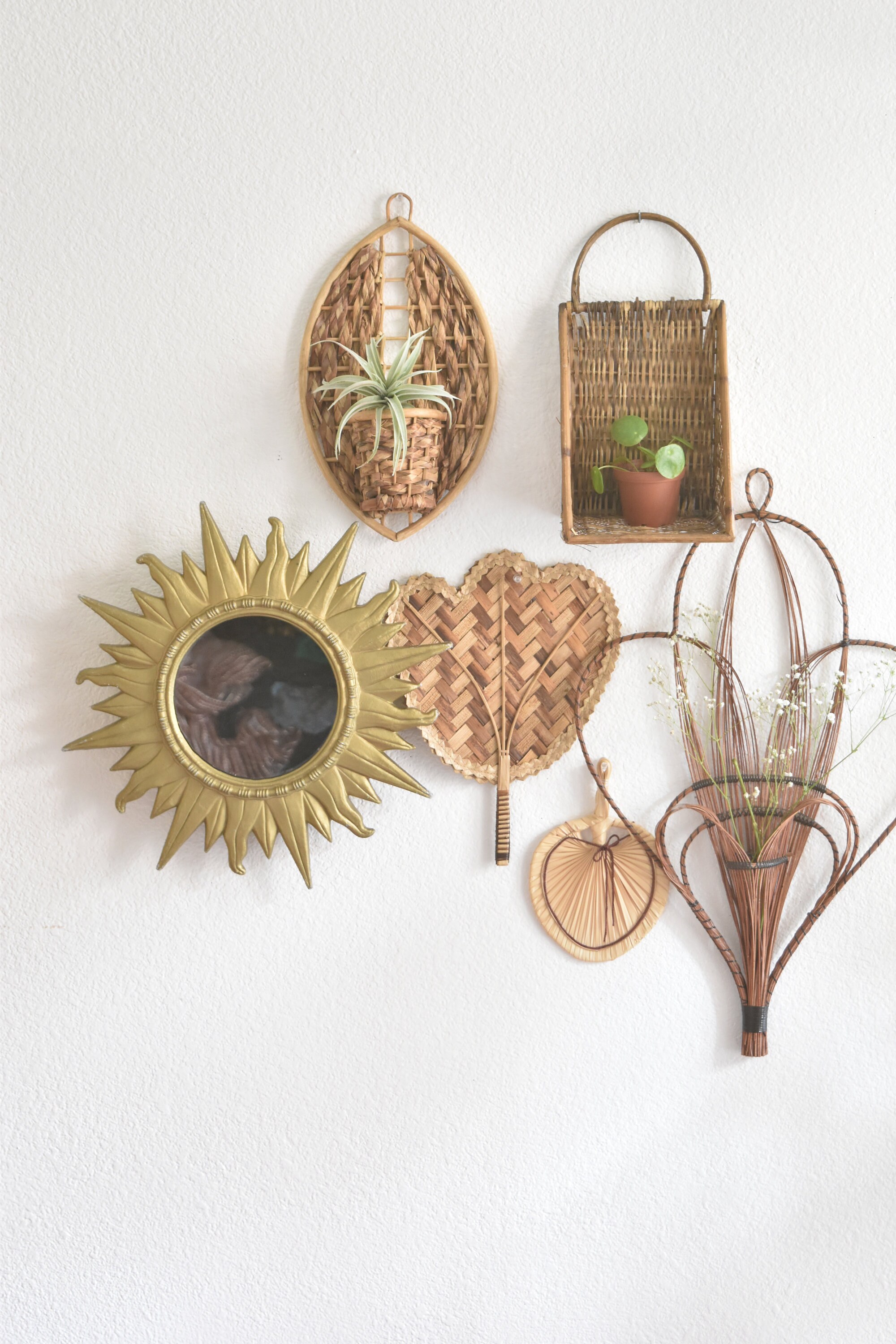 vintage boho wall hanging woven wicker heart basket / wall