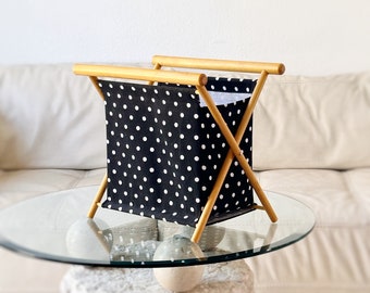 polka dotted fabric sewing folding standing tote portable carrier wood frame knitting basket