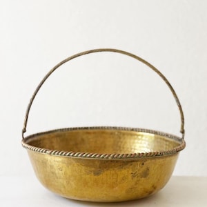 Vintage Hammered Brass Bowl with Twisted Copper & Brass Handle – Rustic Home Decor