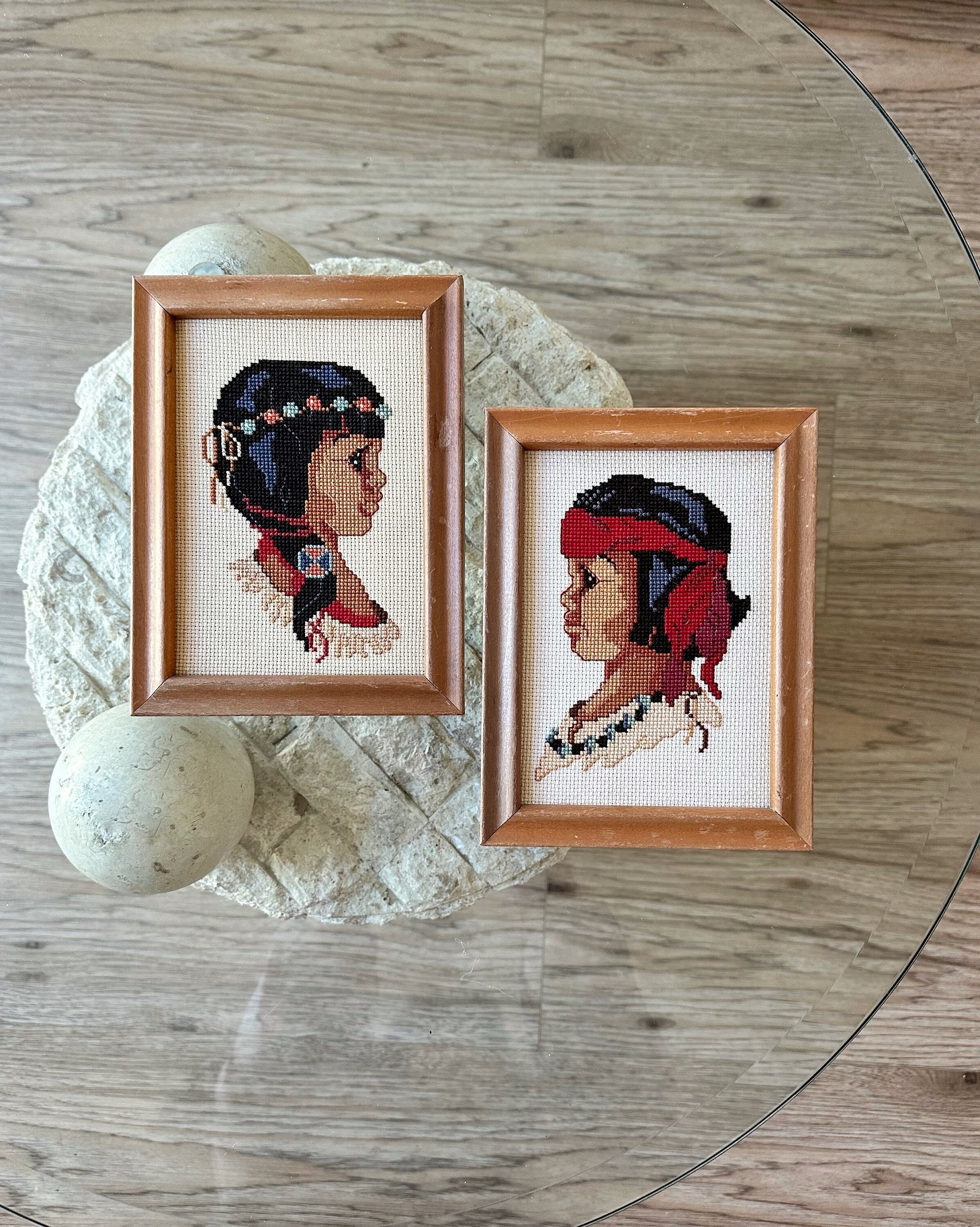 Native American Indian Boy Girl Portrait Cross Stitch Framed Wall Art Set 