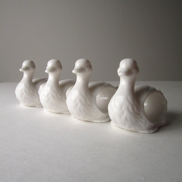 Sale--White Ceramic Bird Duck Napkin Rings--Set of 4