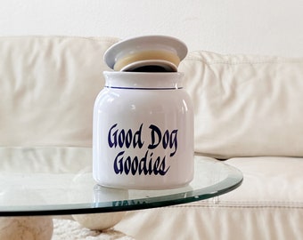 white blue ceramic dog food biscuit canister | kitchen word labeled dog treats