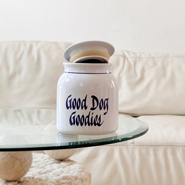 white blue ceramic dog food biscuit canister | kitchen word labeled dog treats