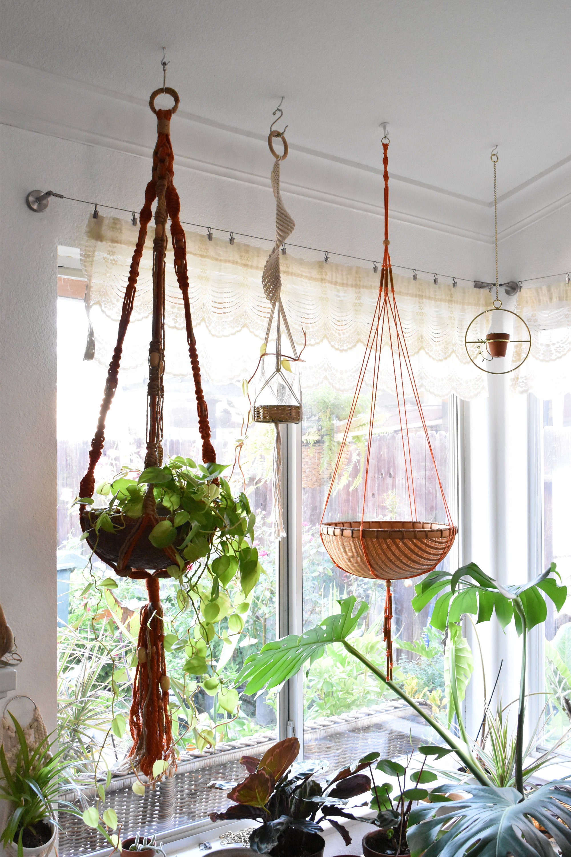 64 vintage beaded orange jute macrame planter hanger