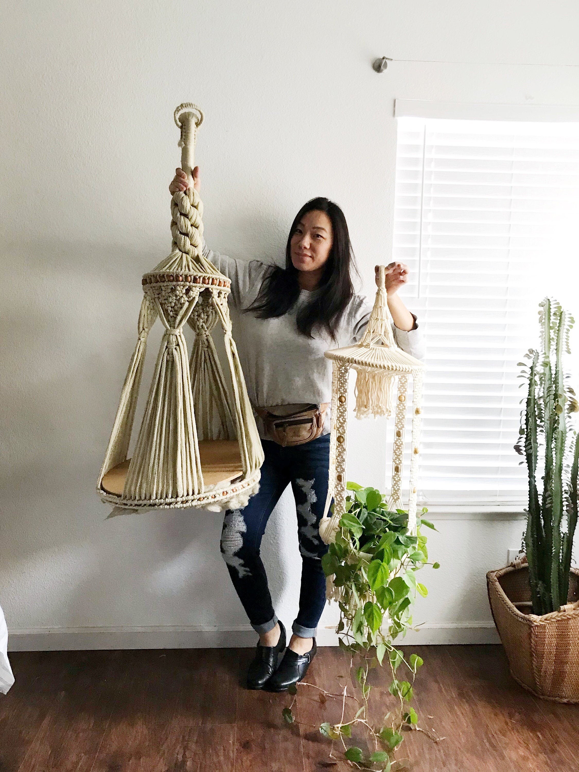 hanging beige white woven macrame plant holder flower