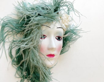 art deco 1980s blue hair hand painted woman face mask sculpture | wall hanging mask