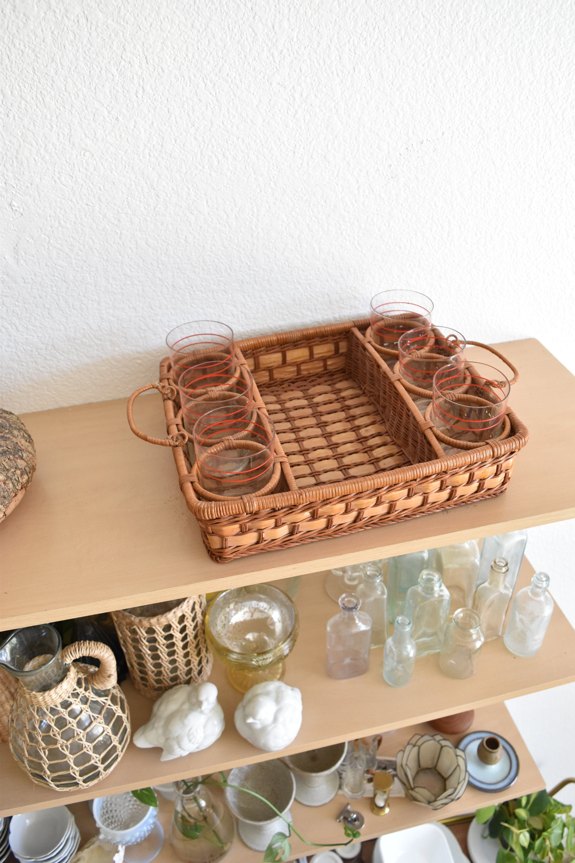 boho woven wicker rattan glass cup holder tray / serving ...