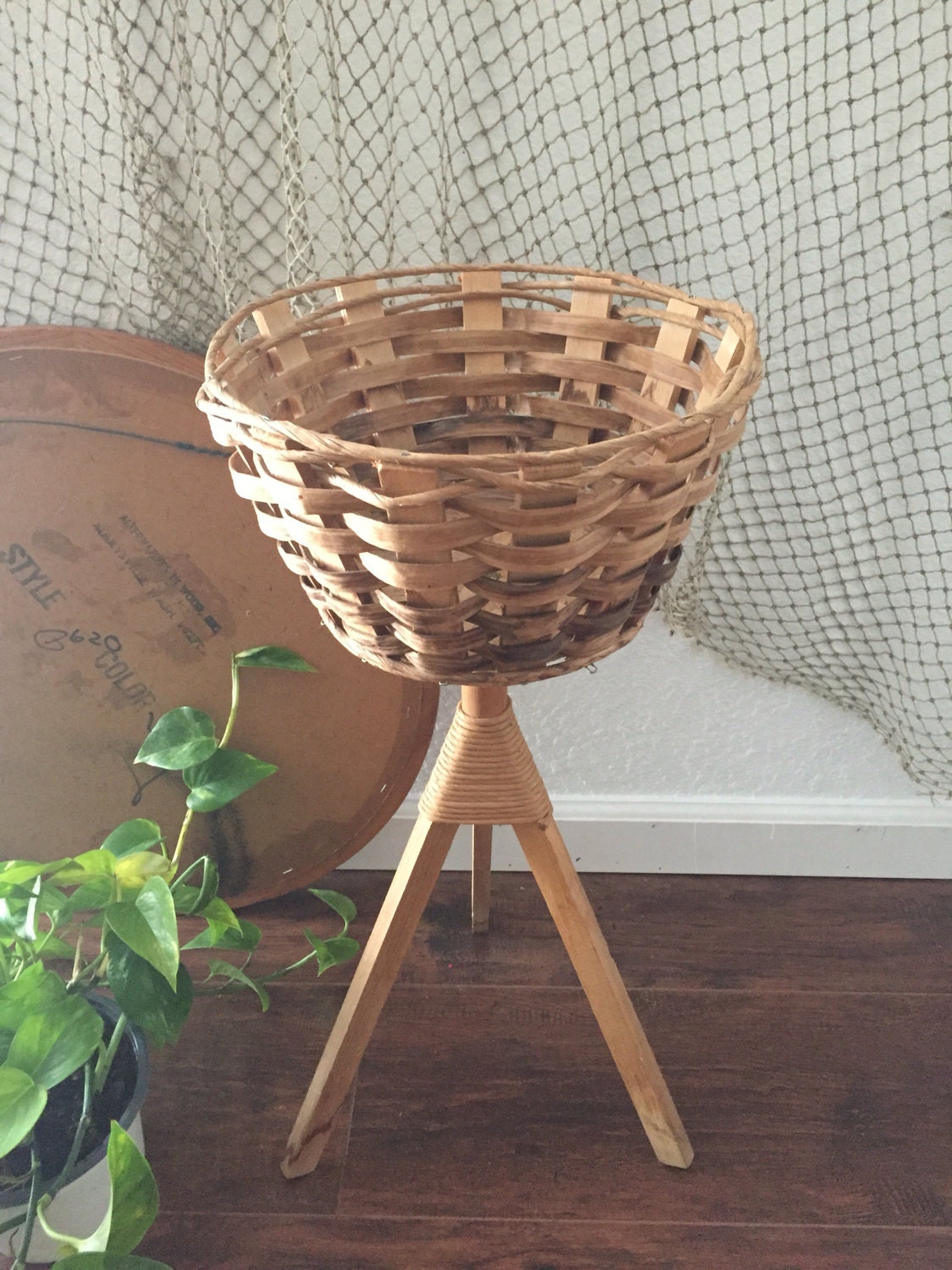 mid century modern wooden basket tripod plant stand