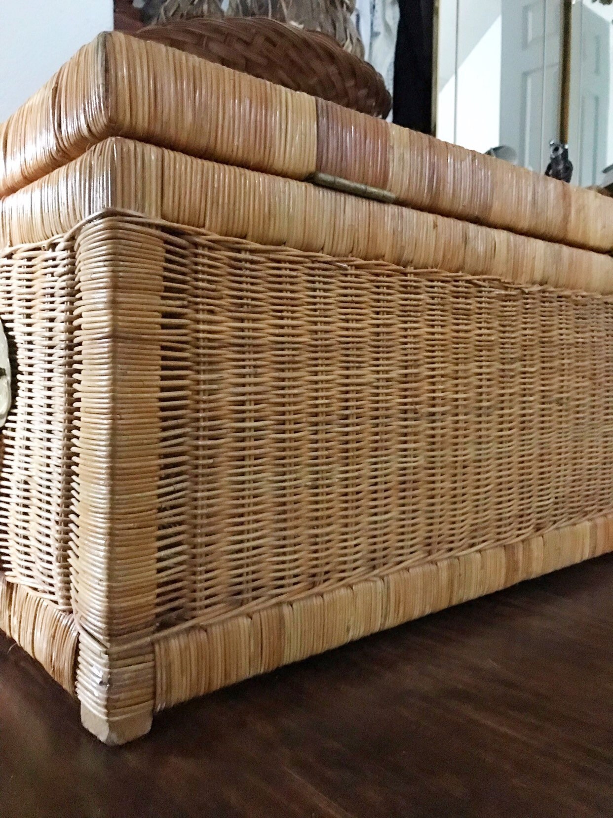 large mid century bohemian rattan wicker chest / bamboo