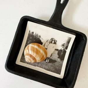 Puede incluir: Una peque&ntilde;a sart&eacute;n de hierro fundido negro contiene una fotograf&iacute;a vintage en blanco y negro y una concha rayada. La fotograf&iacute;a muestra a una mujer. La concha es marr&oacute;n y beige.