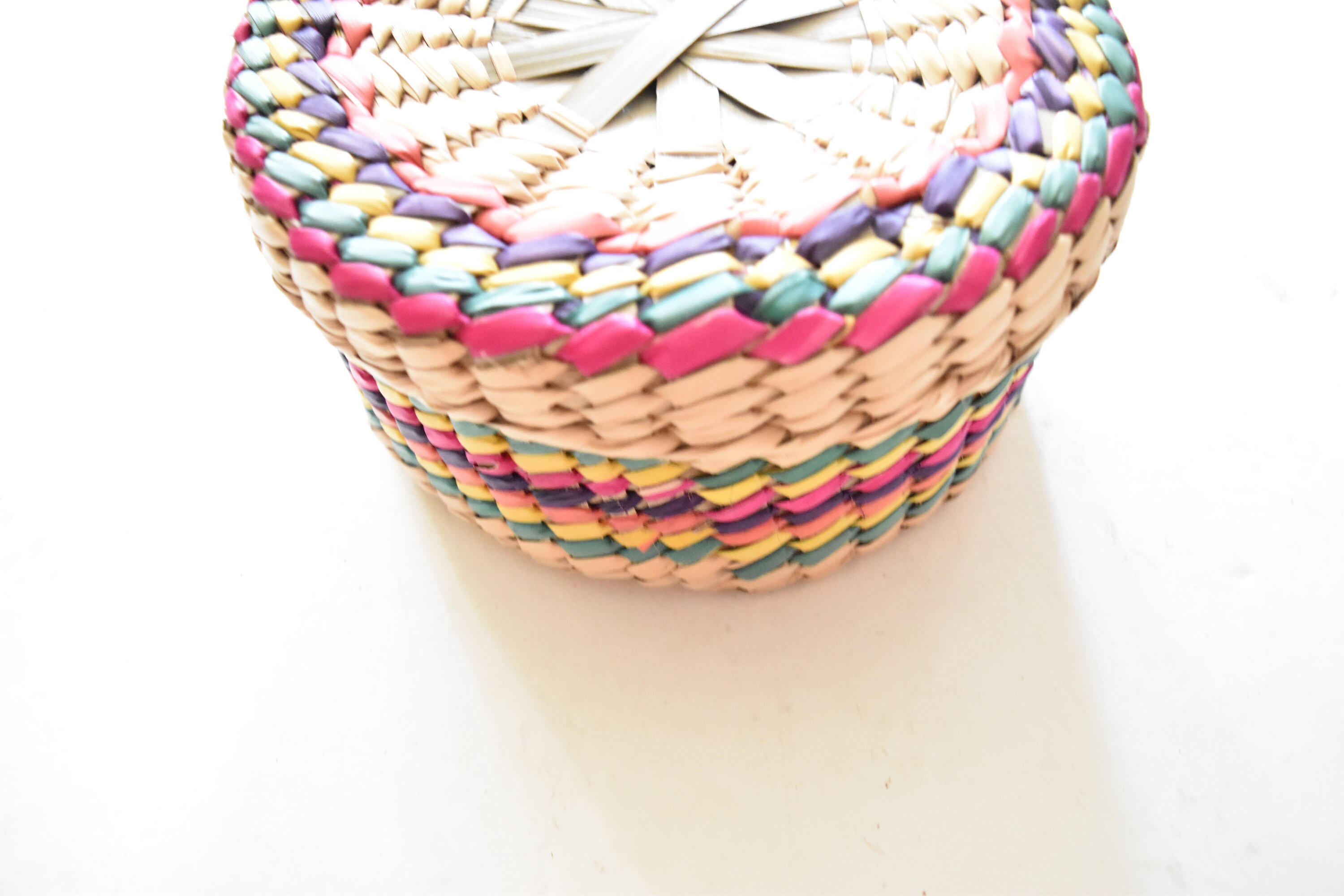 vintage decorative colorful woven straw basket with lid ...
