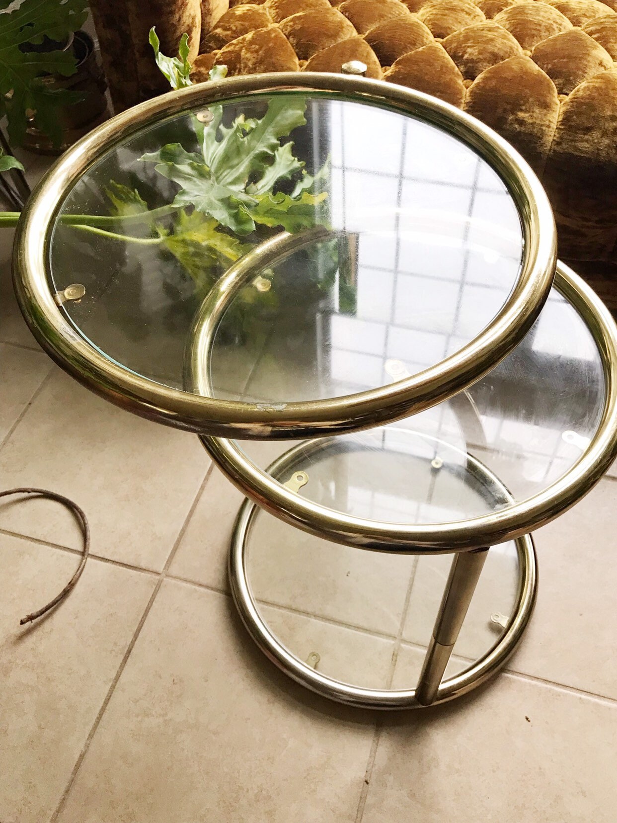 milo baughman style hollywood regency gold plated 3 tier swivel end