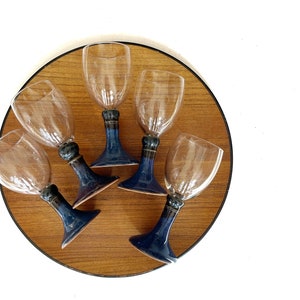 set of glazed stemmed blue stoneware ceramic pottery glass wine goblets