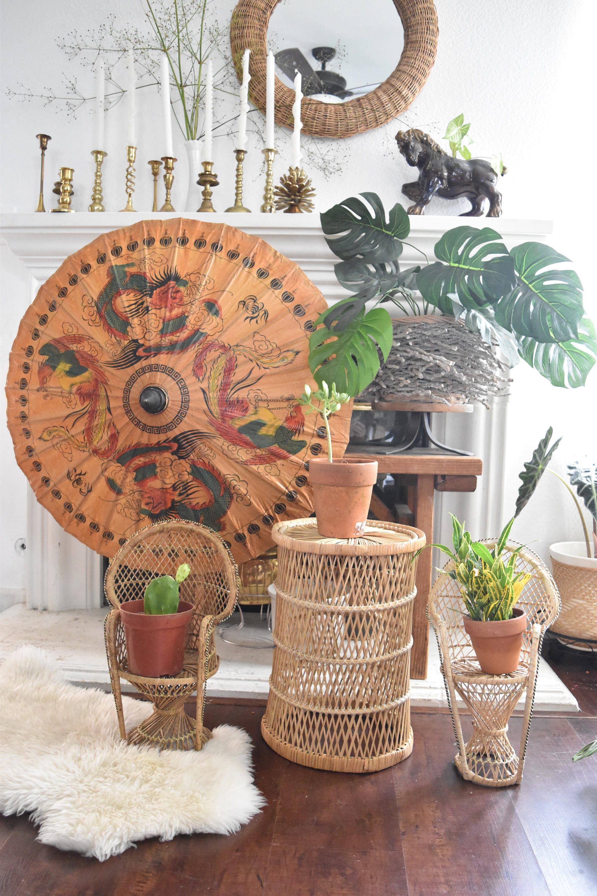 woven bamboo rattan wood wicker basket / plant stand