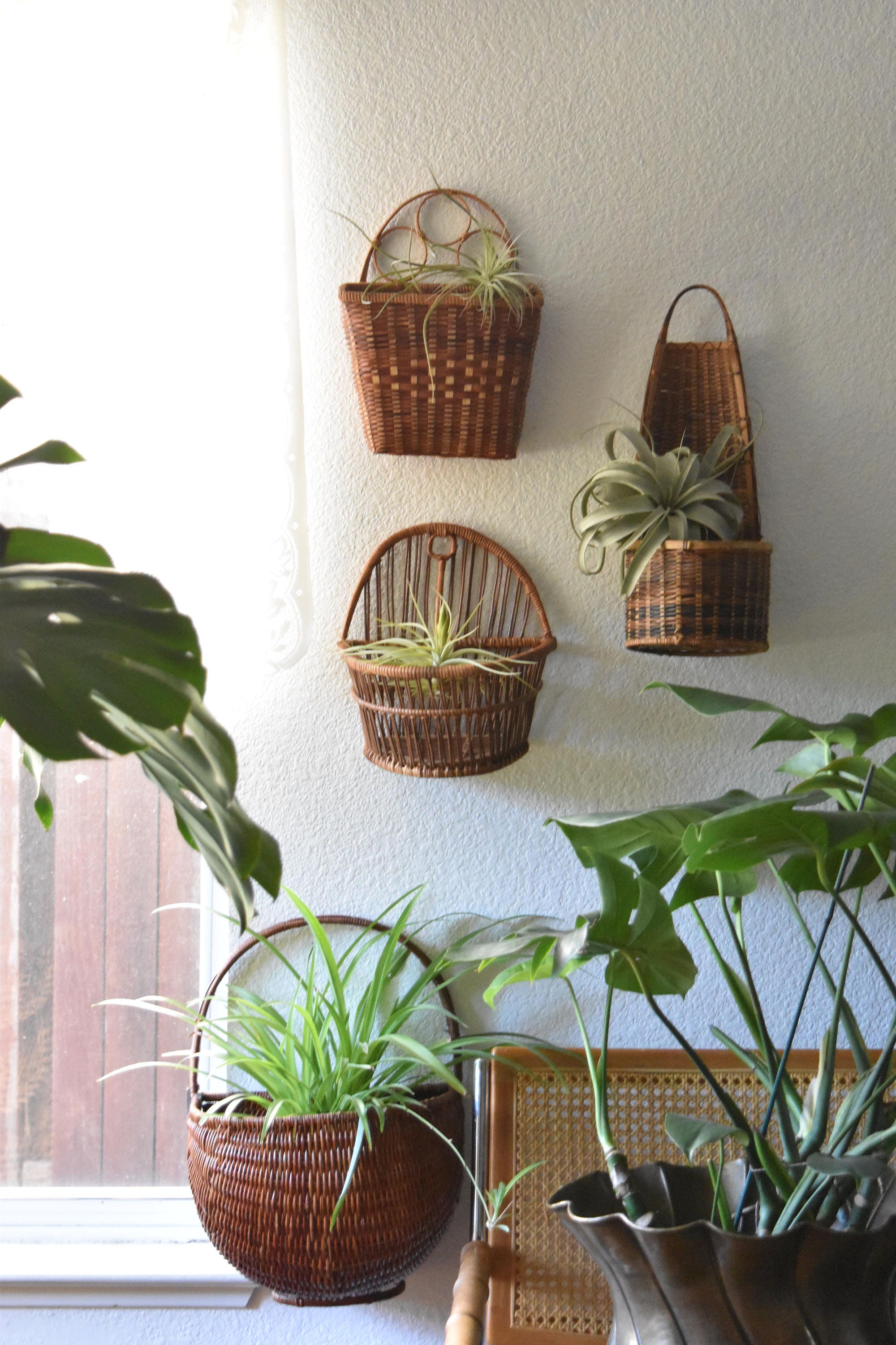 vintage large wicker woven wall hanging basket with pocket