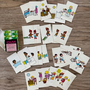 Tarjetas didácticas de secuenciación escolar con imágenes de personas de la familia en colores de la década de 1960