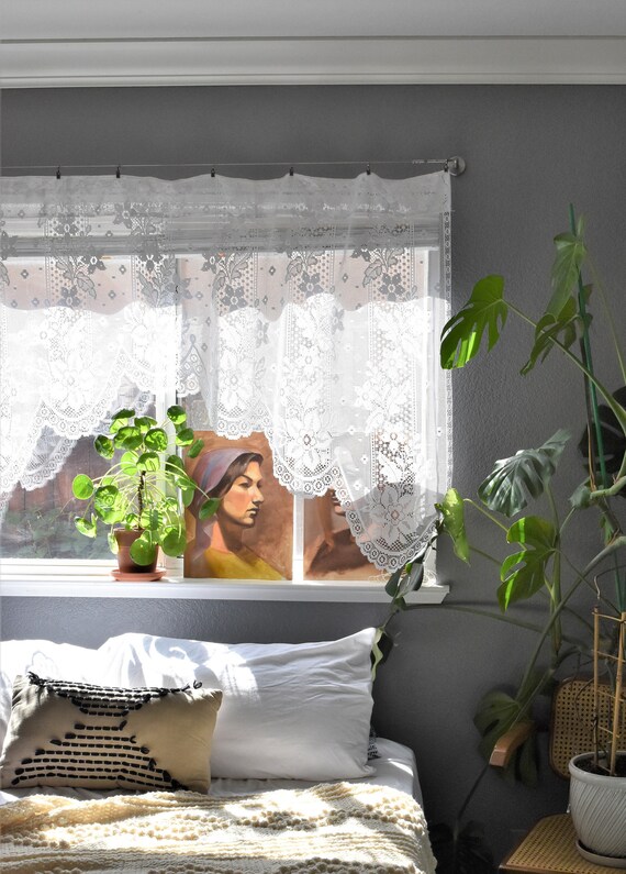 Boho Sheer Short White Floral Flower Lace Window Curtain Panel Etsy