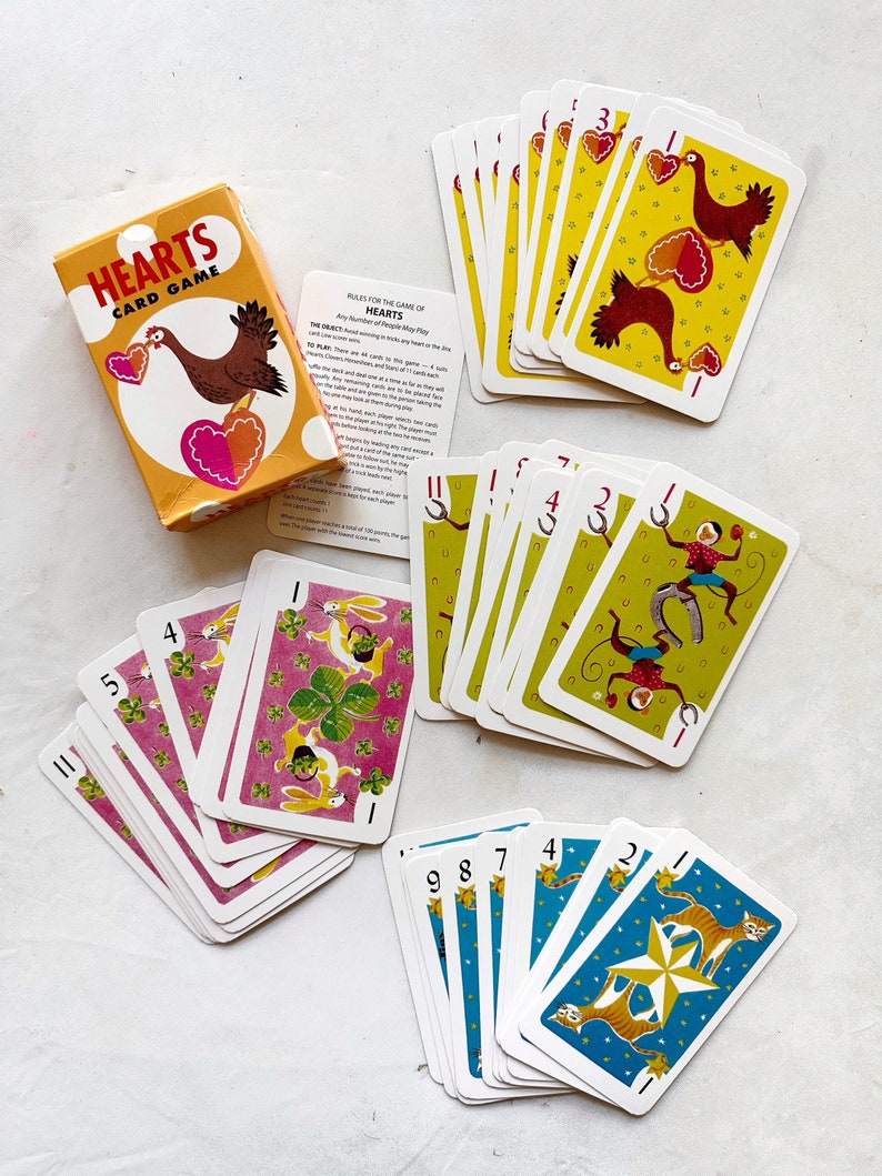 vintage animal hearts playing card game set complete full deck kids game with box image 1