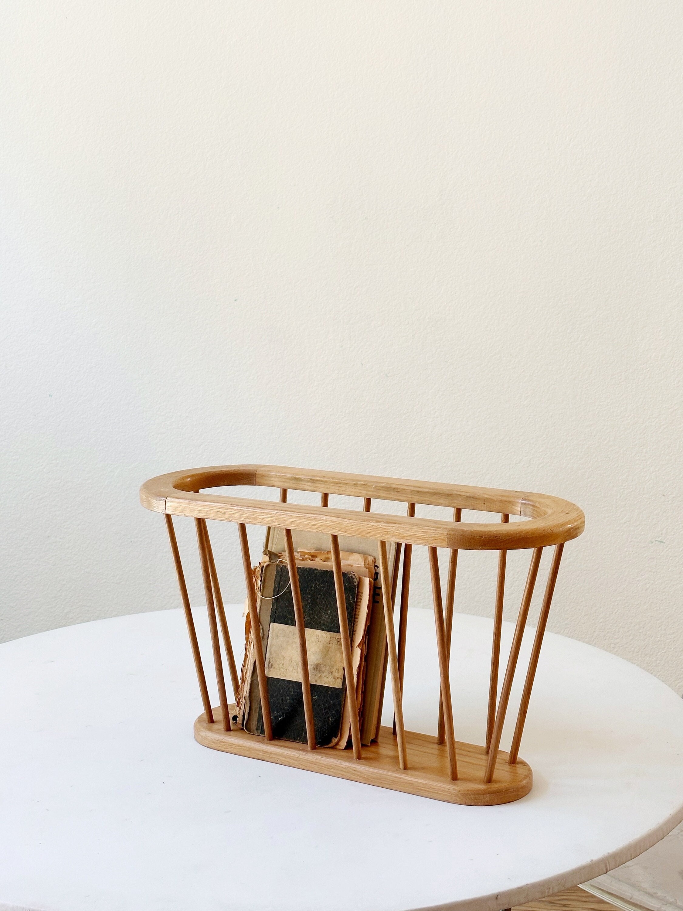Mid Century Modern Wood Magazine Rack Holder With Spindle Mid Century Modern Wood Magazine Rack Holder With Spindle