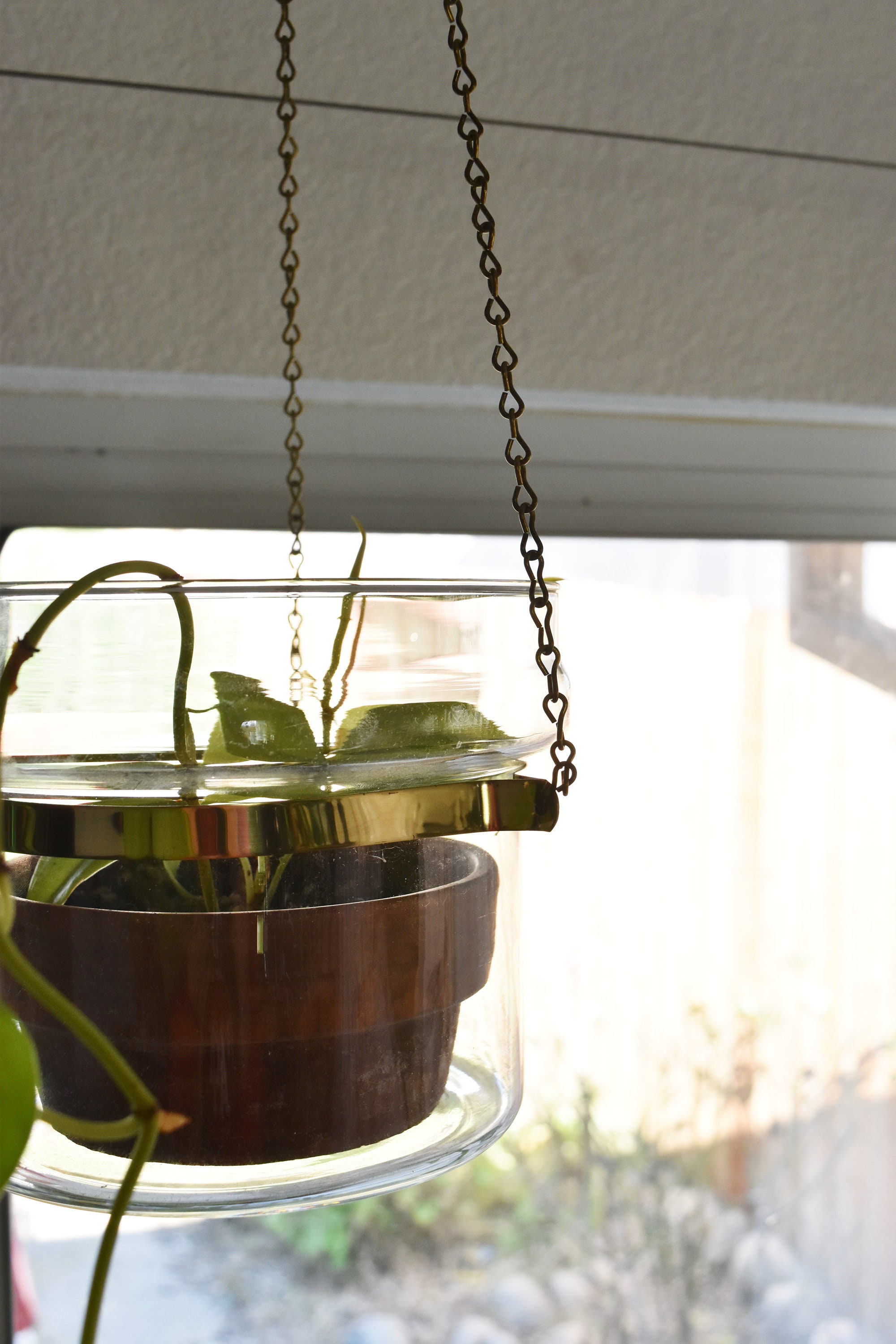 hanging metal brass chain glass pot plant holder / flower ...