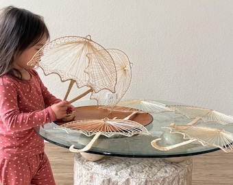 rainy day umbrella woven straw ornament wall art | garland set of 3