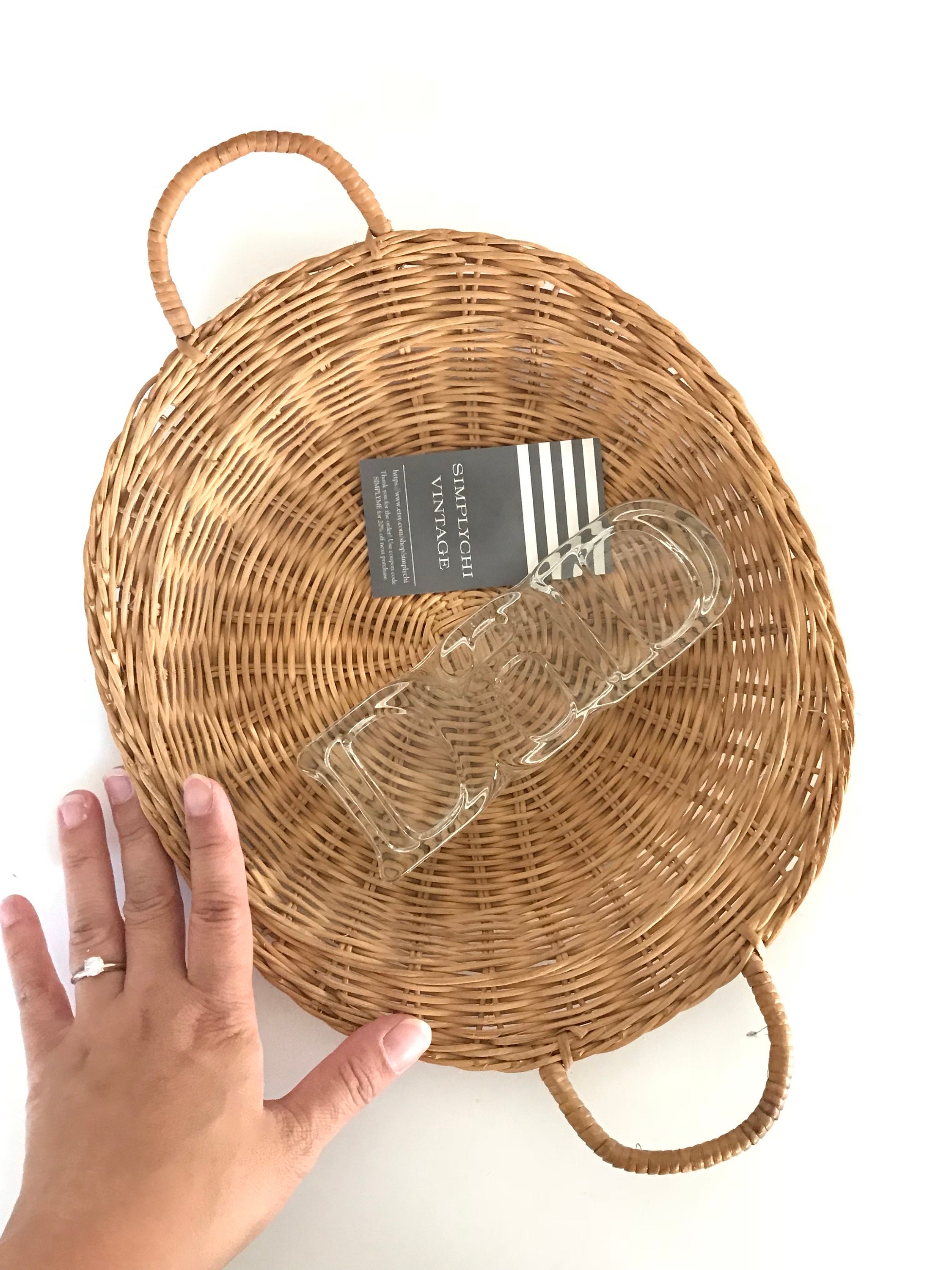 woven straw rattan wall basket with handles | serving tray