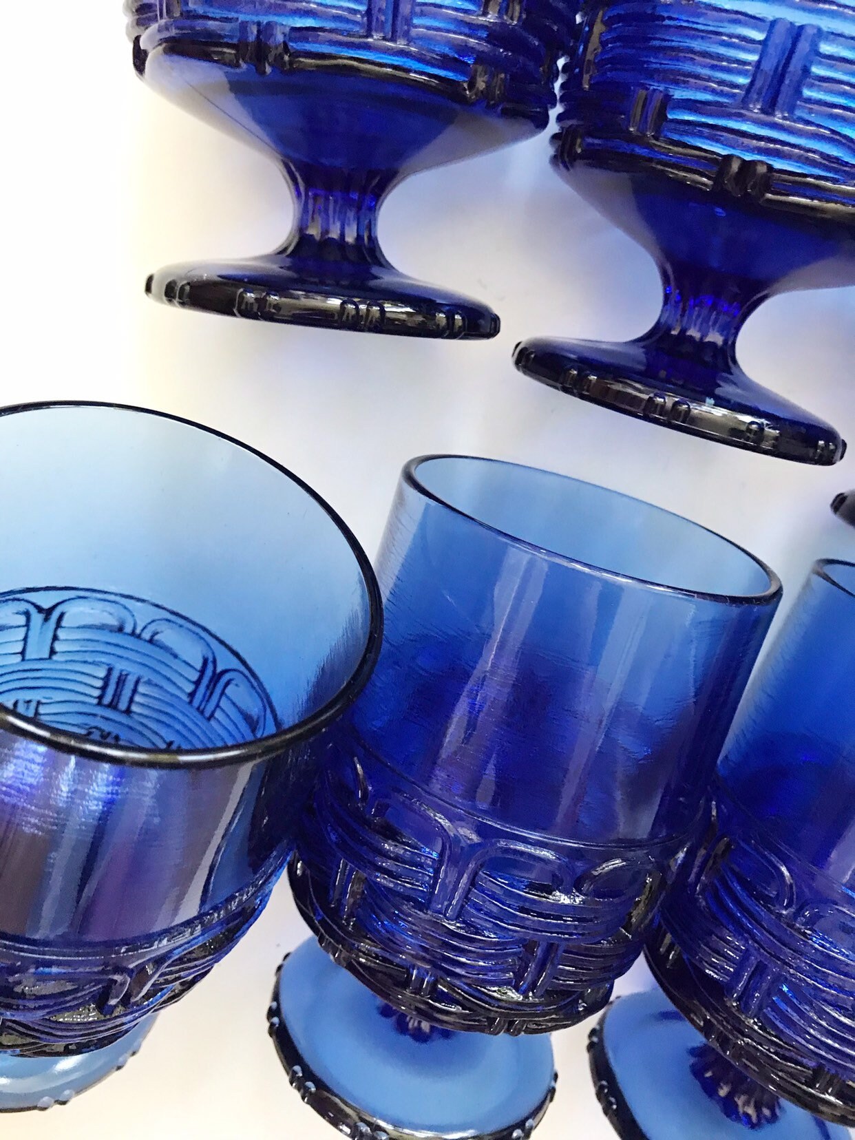 Download collection of 8 ornate cobalt blue glass champagne wine glass goblets / depression glass set