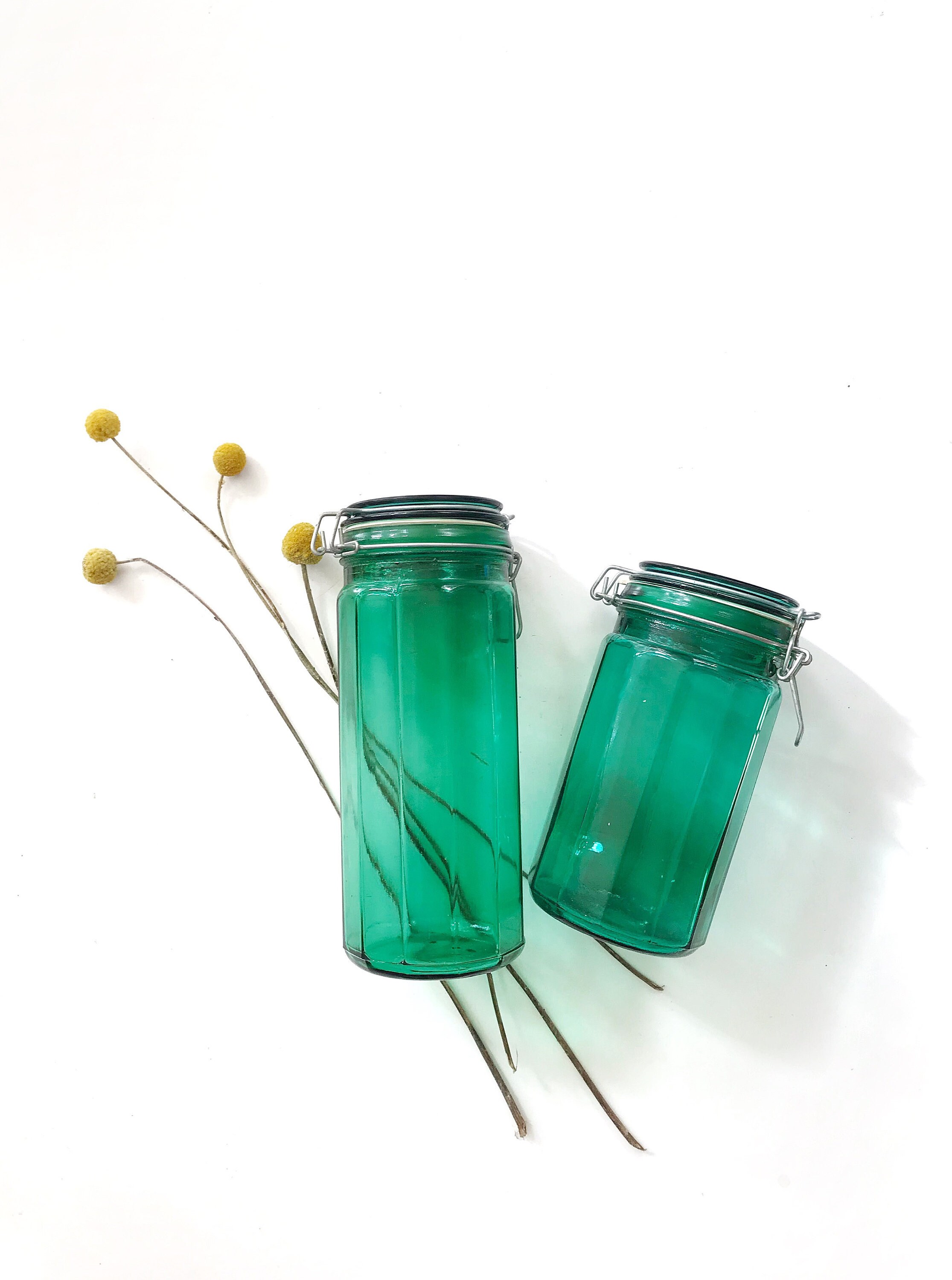 Pair Of Aqua Green Glass Canisters Farmhouse Kitchen Containers