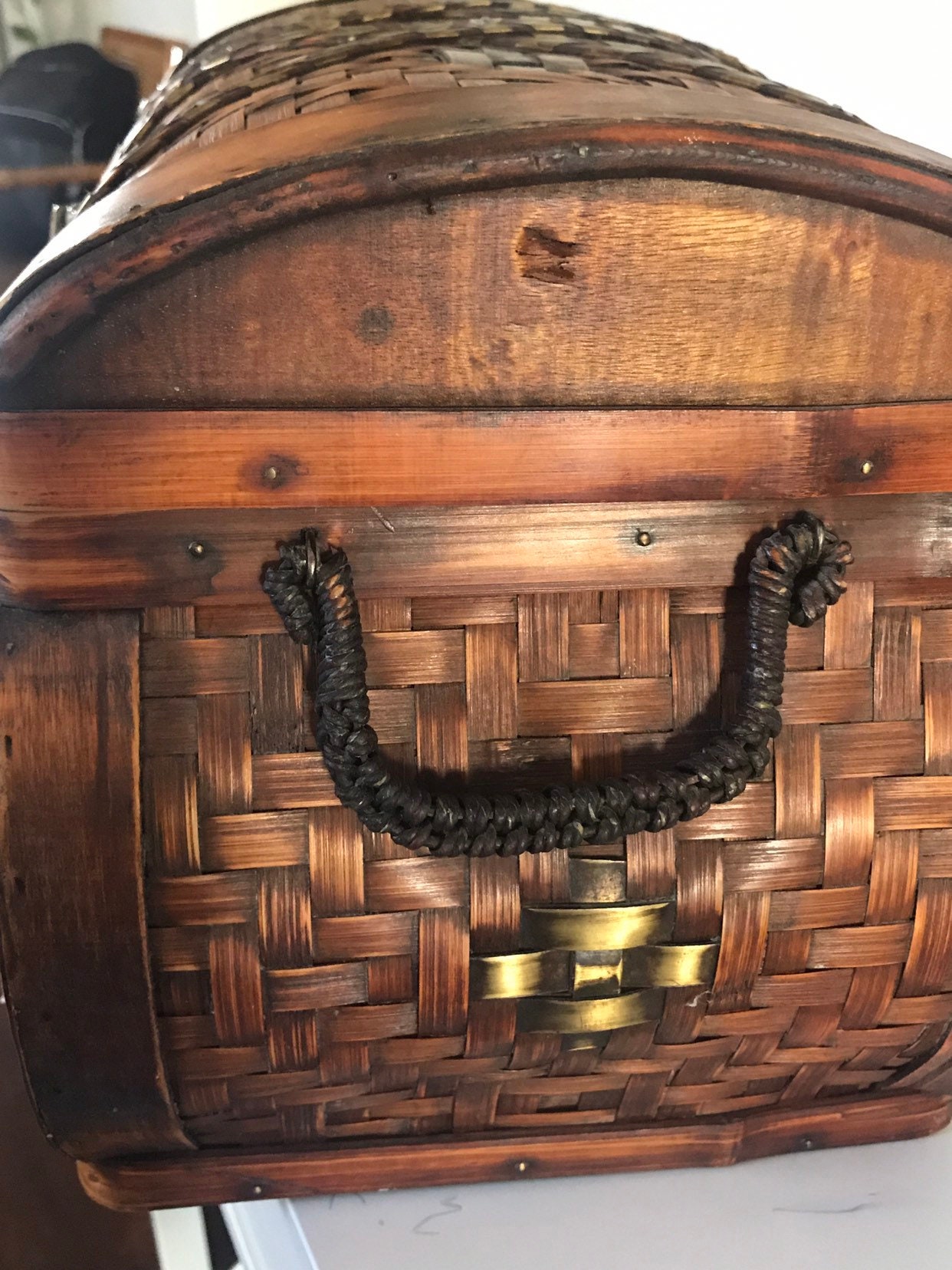 mid century woven brass bamboo rattan wicker chest with