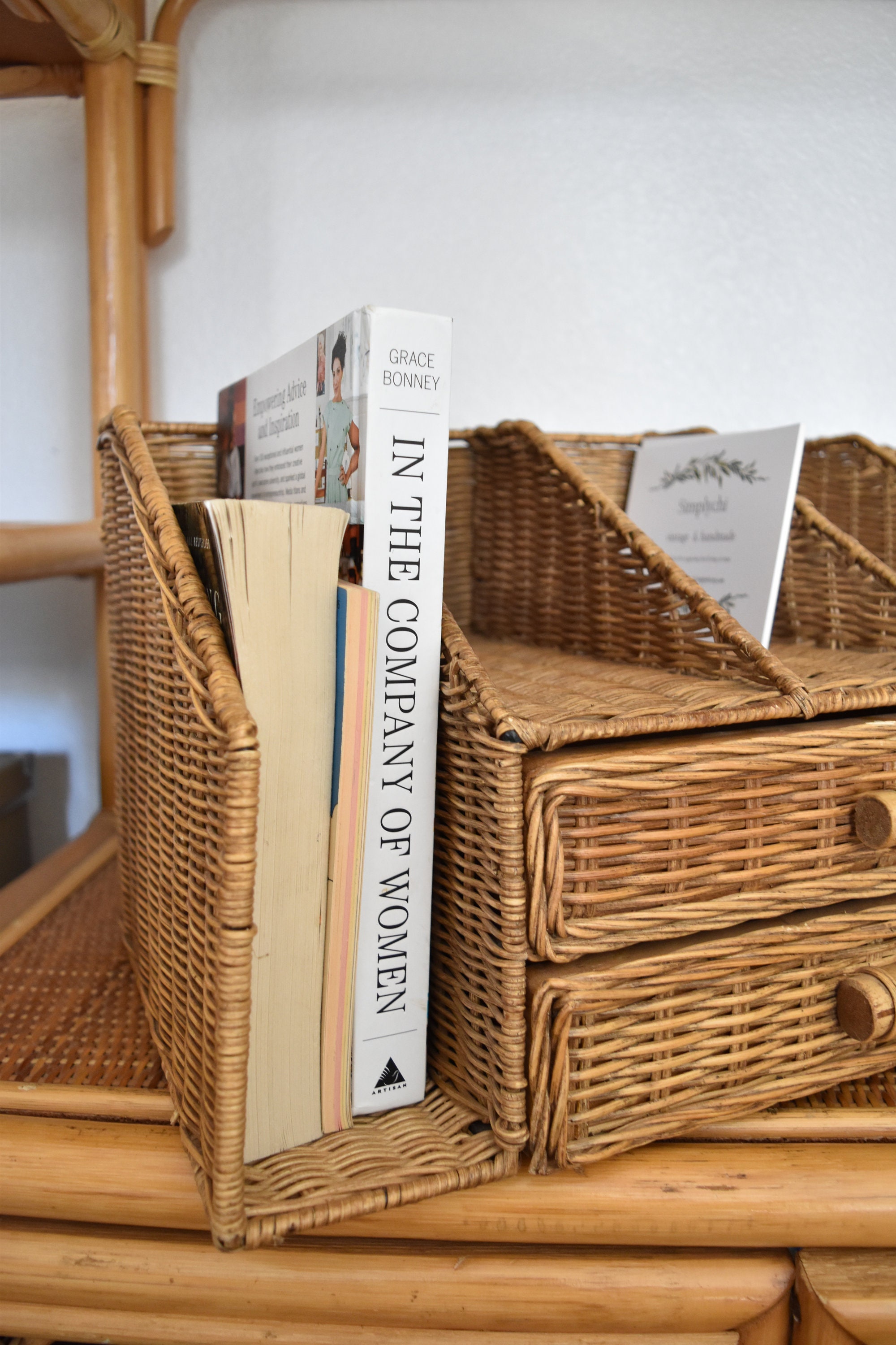 large mid century woven rattan wicker office file storage