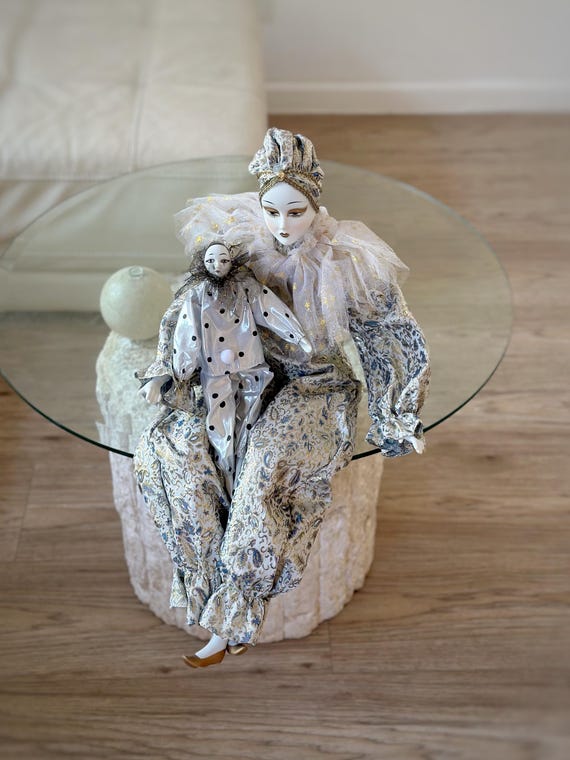 Vintage Harlequin Pierrot Porcelain Doll Set With Stand