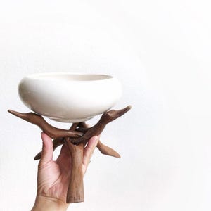 May include: A white ceramic bowl sits on a wooden stand made of branches. The stand has a unique, natural design with three legs.