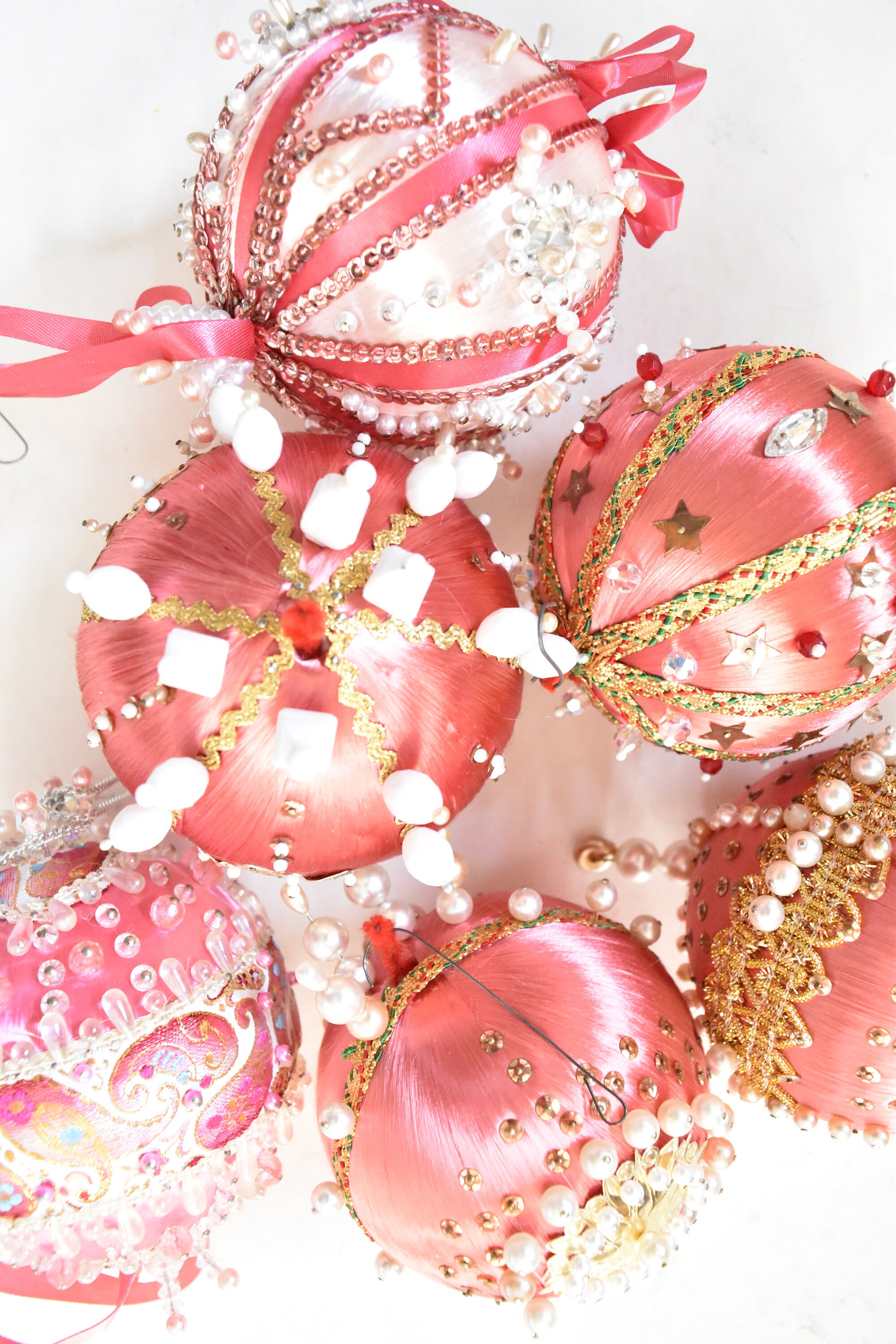 set of large pink gold handmade studded jewel jewelry Christmas ornaments