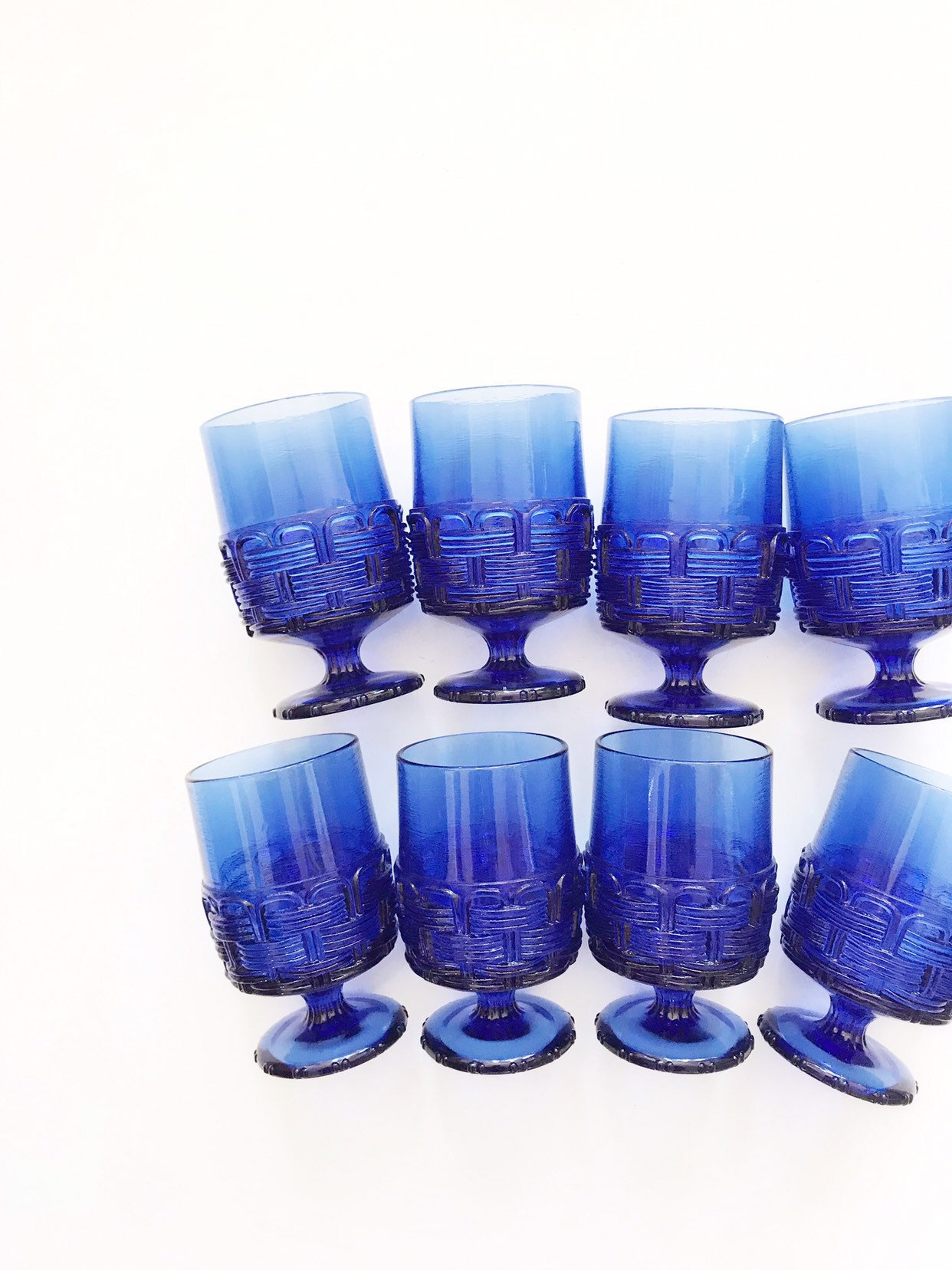 collection of 8 ornate cobalt blue glass champagne wine ...