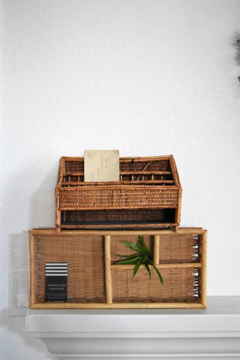 Vintage Mid Century Wicker Rattan Office Organizer Bamboo Paper