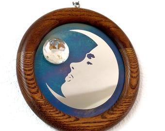 Vintage Celestial Crescent Man in the Moon Mirror: Blue Glass