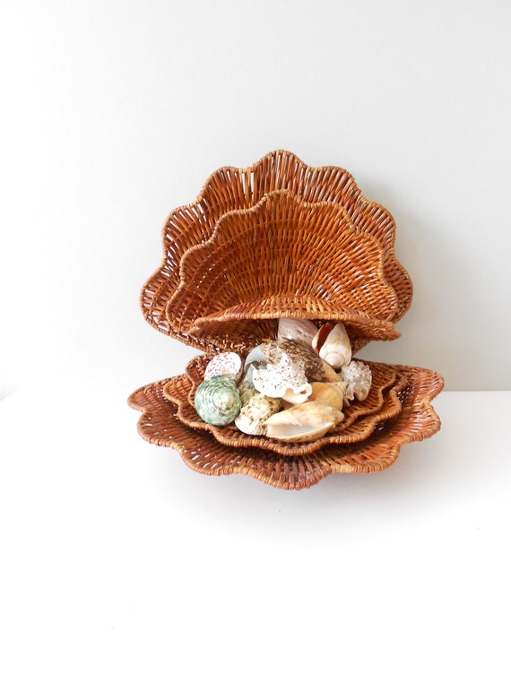 RESERVED // wicker clam shell baskets // beach house decor // Etsy