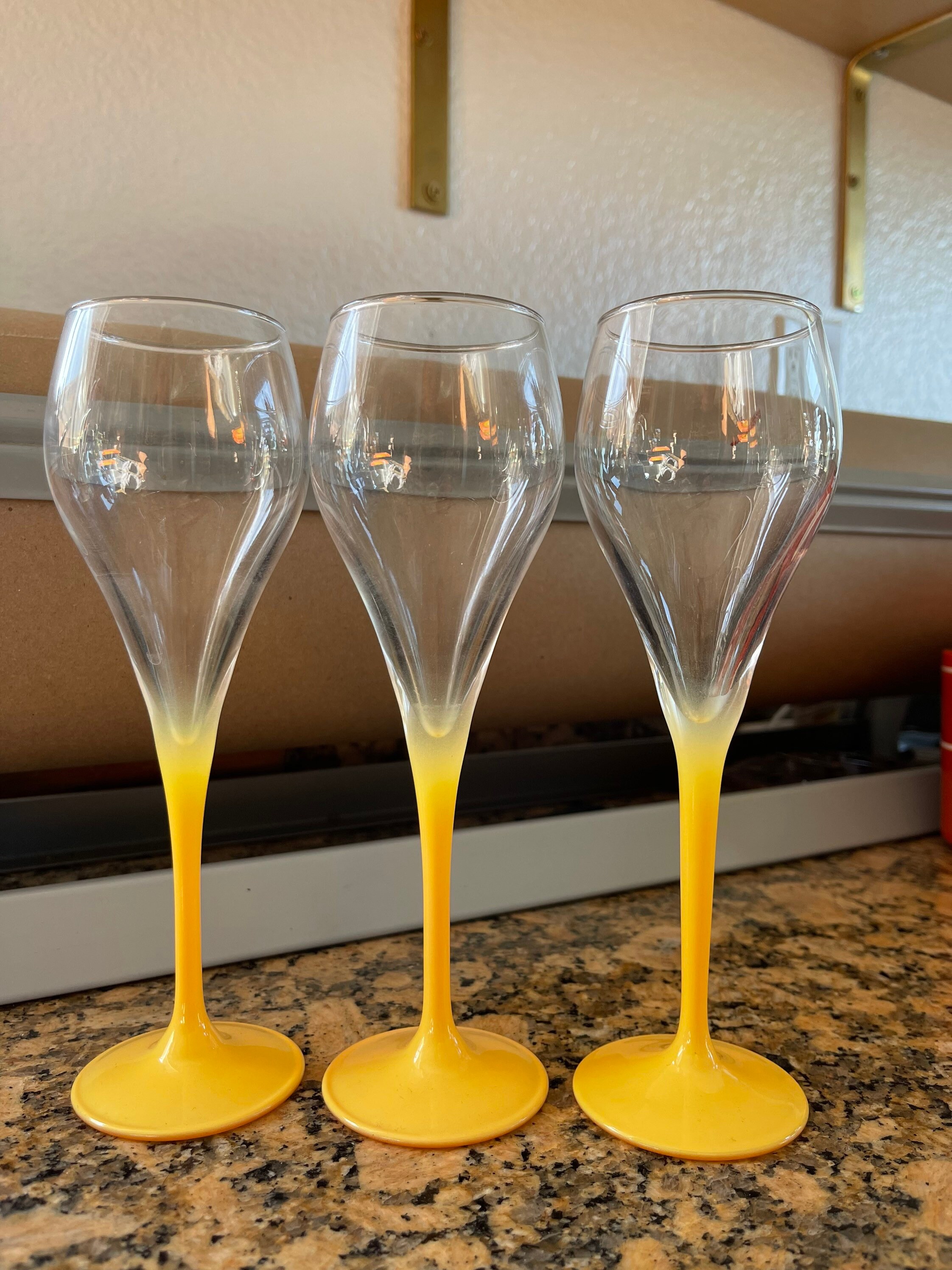 Set of 3 high stemmed yellow flute glasses champagne Etsy