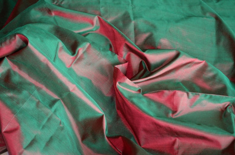 Fine Indian Silk Taffeta in Green with Red Half yard, Yard, Meter & Half Meter TF 102 image 4