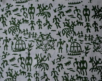 Handloom cotton fabric in green on white back ground - One yard