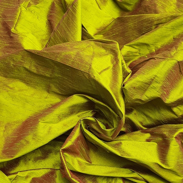 Silk Dupioni in Apple green with Red shimmer- Half yard,Yard,Meter & Half Meter D 361