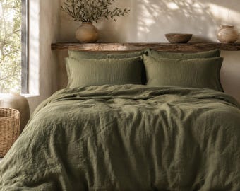 100% Natural Organic Linen Duvet Cover Set, 1 Duvet Cover and 2 Pillowcases, Available in Multiple Colors, Olive Green Linen Duvet Cover Set