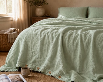 Mint green linen look comforter cover with buttons in king, queen and other custom sizes, pure organic bed quilt cover, natural duvet cover