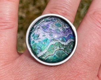 Blue Nature Statement Ring - Extra Large - Fluid Art Jewelry - Paint Pour Jewelry - Paint Skin Jewelry - Gift for Women - Art Ring - Boho