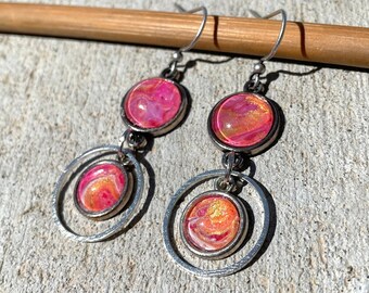 Chandelier Circle Earrings in Pink Orange and Silver - Large - Fluid Art - Paint Pour Jewelry - Paint Skin Jewelry - Gift for Women - Boho
