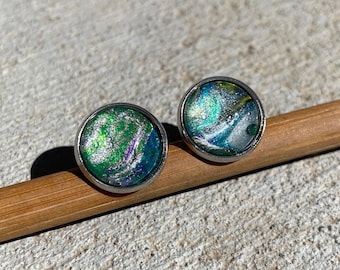 Stud Earrings in Blue Green and Antique Silver - Fluid Art Jewelry - Paint Pour Jewelry - Paint Skin Jewelry - Gift for Women - Boho